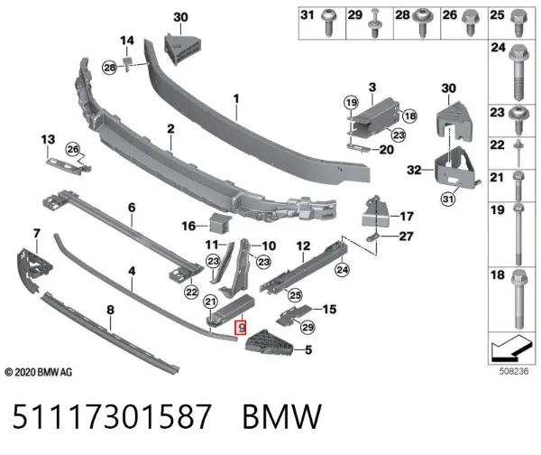 Consola de reforçador do pára-choque dianteiro 51117301587 BMW