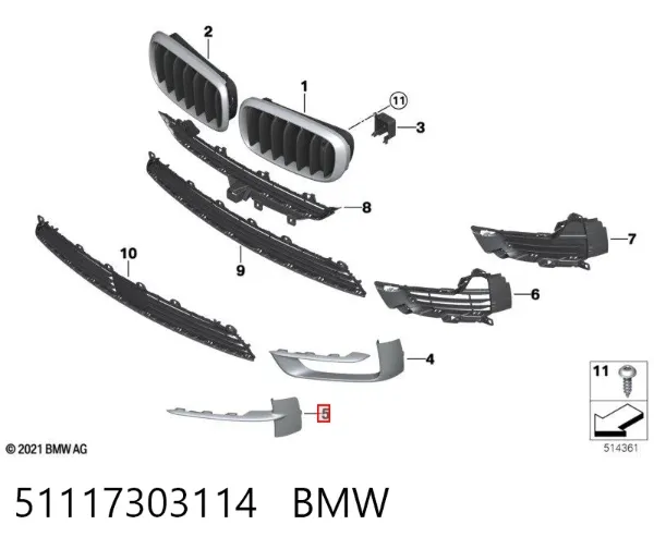 Moldura direita de grelha do pára-choque dianteiro 51117303114 BMW