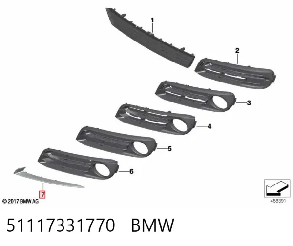 Moldura direita de grelha do pára-choque dianteiro 51117331770 BMW