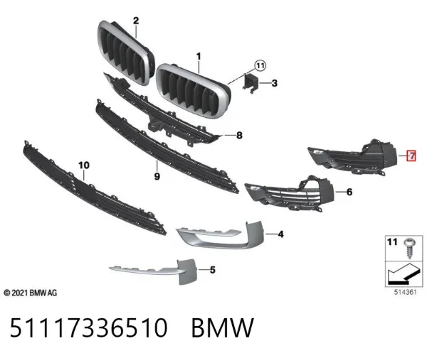 Grelha direita do pára-choque dianteiro 51117336510 BMW