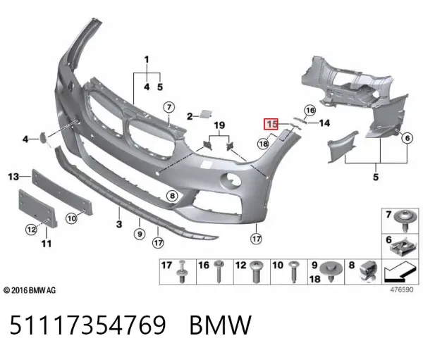 Placa sobreposta esquerda do pára-choque dianteiro 51117354769 BMW