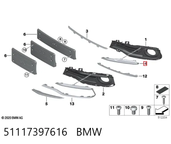 Moldura direita de grelha do pára-choque dianteiro 51117397616 BMW