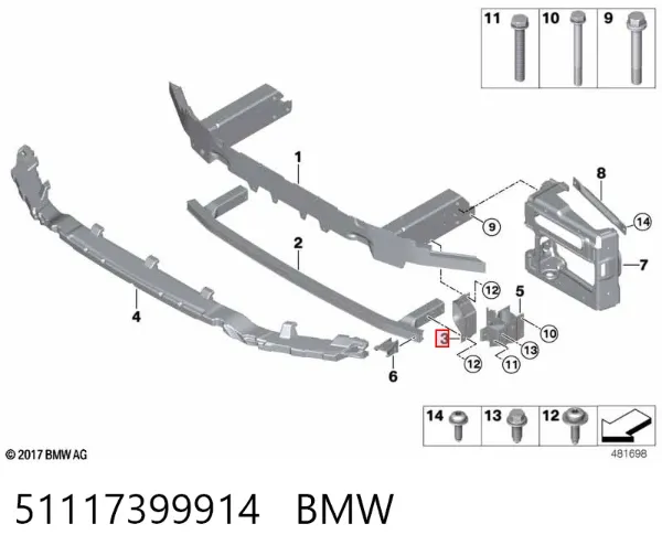 Consola de reforçador do pára-choque dianteiro 51117399914 BMW