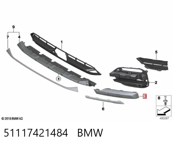 Moldura direita de grelha do pára-choque dianteiro 51117421484 BMW