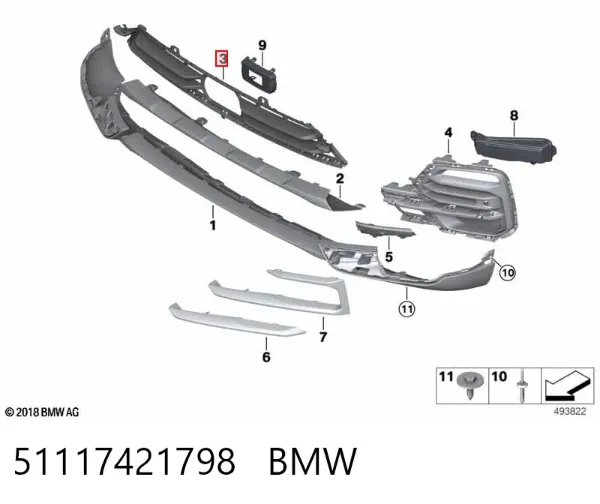 Grelha inferior do pára-choque dianteiro 51117421798 BMW