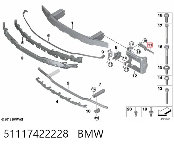 Consola externa direita do pára-choque dianteiro 51117422228 BMW