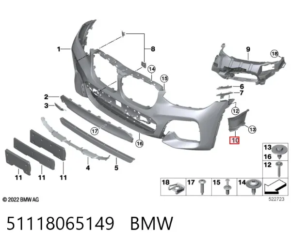 Defletor esquerdo do pára-choque dianteiro 51118065149 BMW