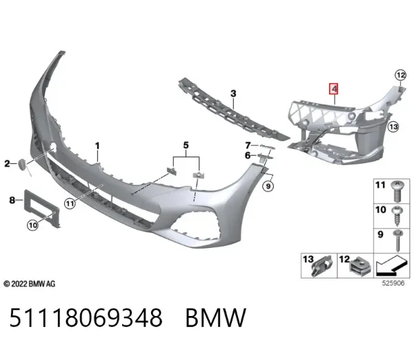 Consola do pára-choque dianteiro direito 51118069348 BMW