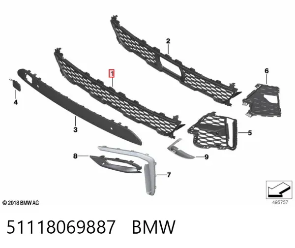 Grelha inferior do pára-choque dianteiro 51118069887 BMW