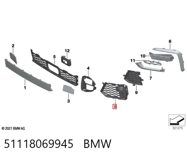 Grelha do radiador esquerda 51118069945 BMW