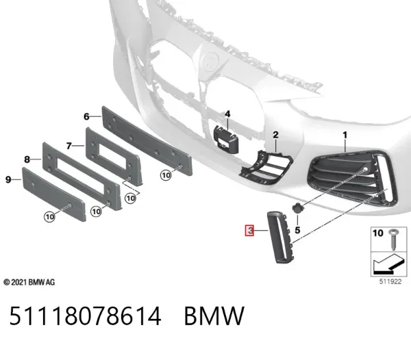Moldura direita de grelha do pára-choque dianteiro 51118078614 BMW