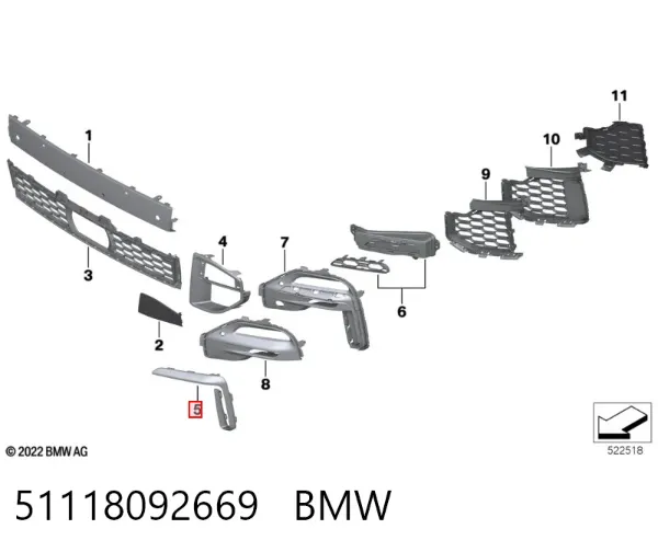 Moldura esquerda de grelha do pára-choque dianteiro 51118092669 BMW