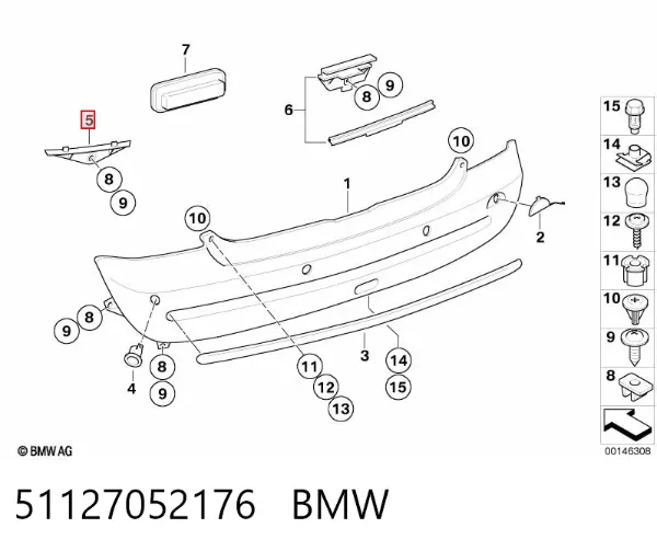 Consola direita do pára-choque traseiro 51127052176 BMW