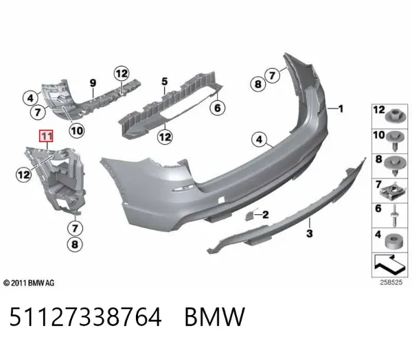 Guia direita do pára-choque traseiro 51127338764 BMW