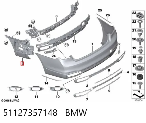 Consola direita do pára-choque traseiro 51127357148 BMW