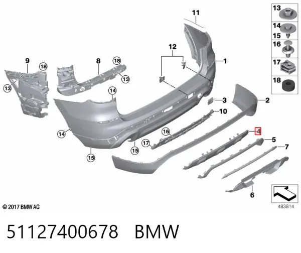 Placa sobreposta central do pára-choque traseiro 51127400678 BMW
