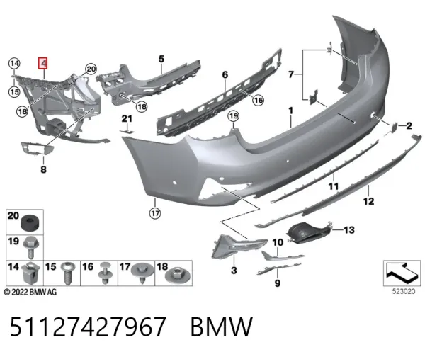 Guia esquerda do pára-choque traseiro 51127427967 BMW
