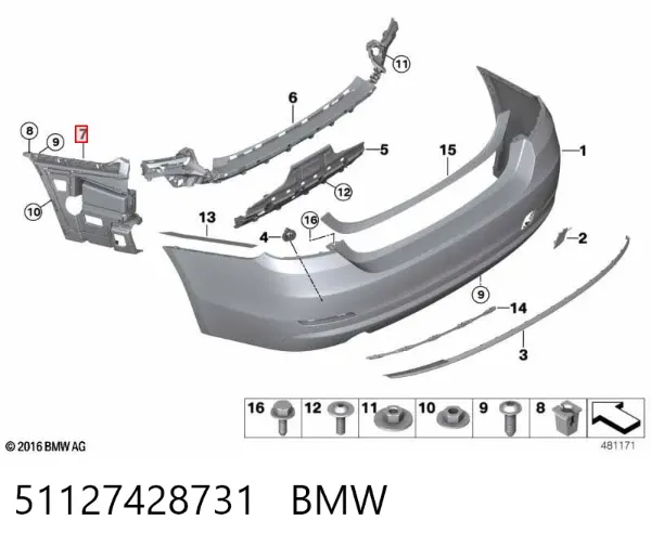 Guia esquerda do pára-choque traseiro 51127428731 BMW