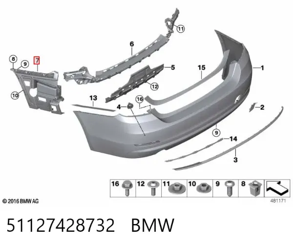 Guia direita do pára-choque traseiro 51127428732 BMW