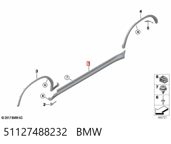Placa sobreposta (moldura) externa direita de acesso 51127488232 BMW