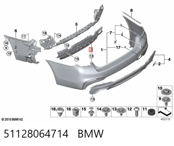 Consola central do pára-choque traseiro 51128064714 BMW