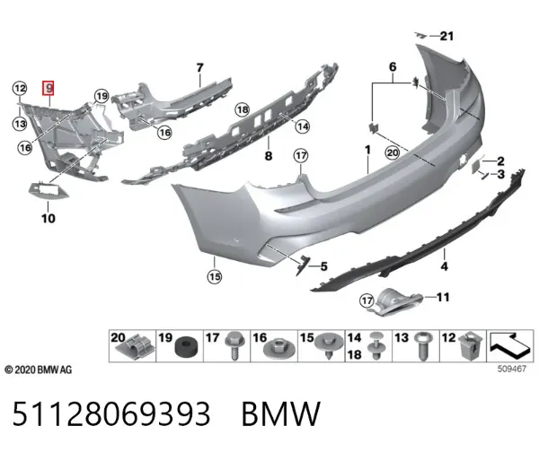 Guia esquerda do pára-choque traseiro 51128069393 BMW