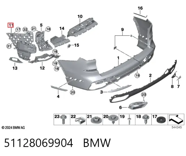 Guia direita do pára-choque traseiro 51128069904 BMW