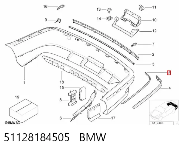 Moldura esquerda do pára-choque traseiro 51128184505 BMW