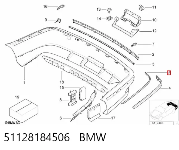 Moldura direita do pára-choque traseiro 51128184506 BMW