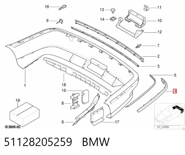 Placa sobreposta do pára-choque traseiro esquerdo 51128205259 BMW