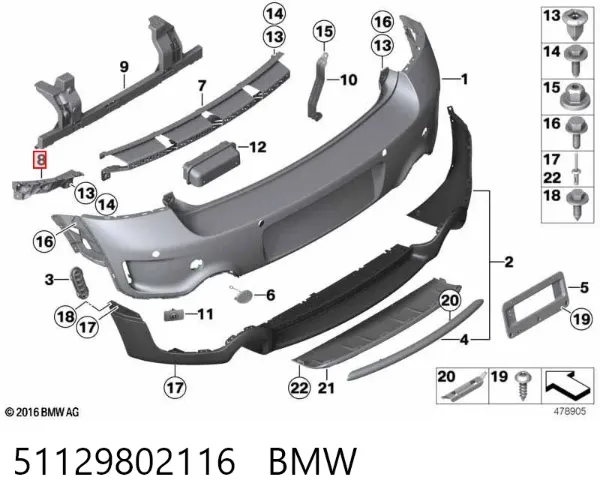Guia direita do pára-choque traseiro 51129802116 BMW