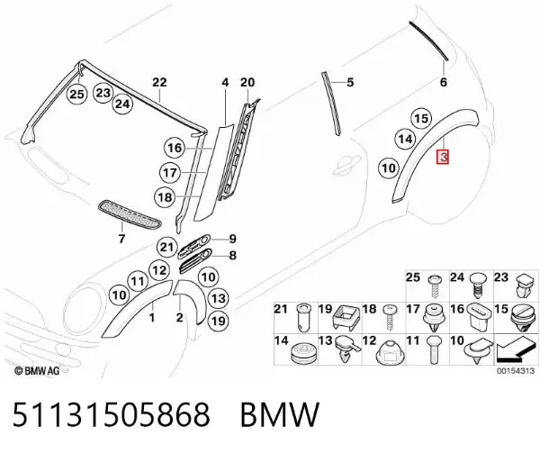 Expansor direito (placa sobreposta) de arco do pára-lama traseiro 51131505868 BMW