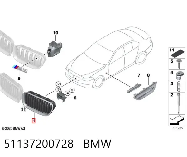 Grelha do radiador direita 51137200728 BMW