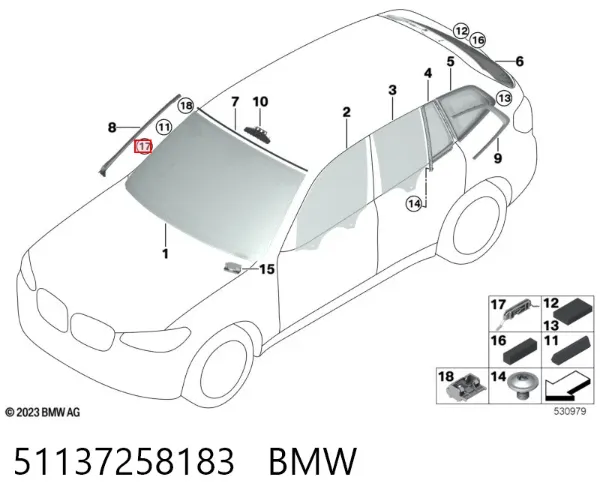 Cápsula (prendedor) de fixação de moldura de pára-brisas 51137258183 BMW