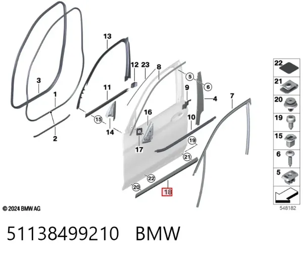 Moldura da porta dianteira direita inferior 51138499210 BMW
