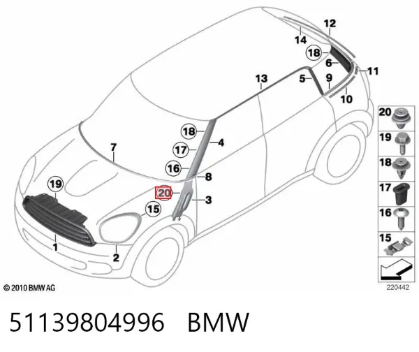 Cápsula (prendedor) de fixação de revestimento de tampa de porta-malas 51139804996 BMW