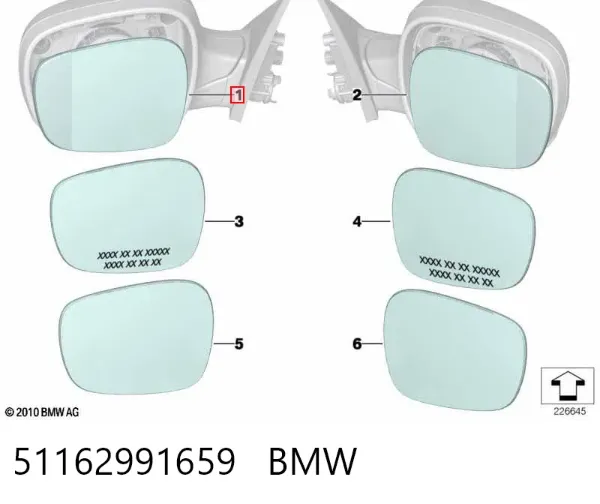 Elemento espelhado do espelho de retrovisão esquerdo 51162991659 BMW