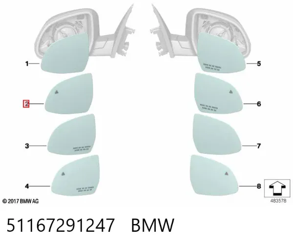 Elemento espelhado do espelho de retrovisão esquerdo 51167291247 BMW