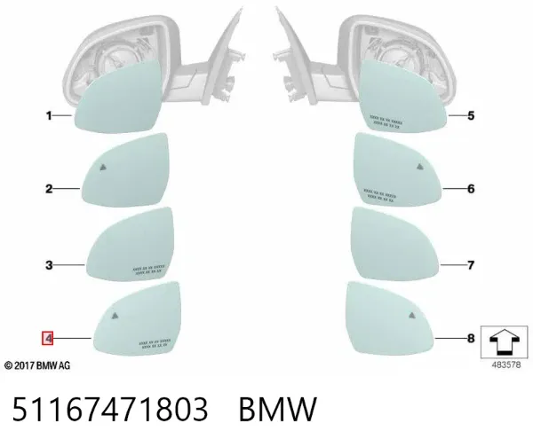 Elemento espelhado do espelho de retrovisão esquerdo 51167471803 BMW
