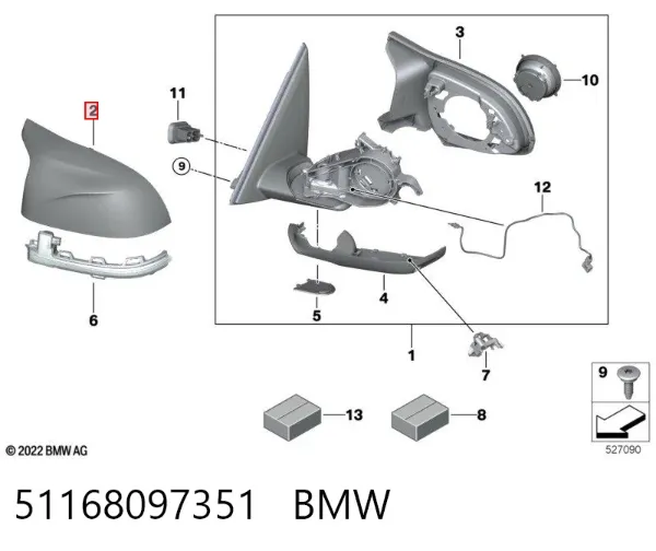 Placa sobreposta (tampa) do espelho de retrovisão esquerdo 51168097351 BMW