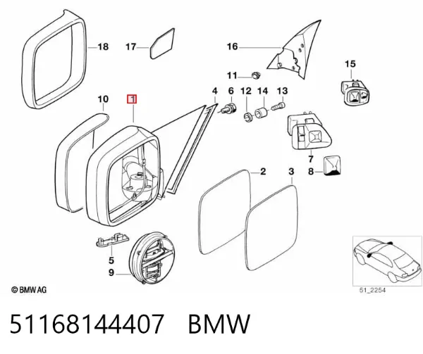 Espelho de retrovisão esquerdo 51168144407 BMW