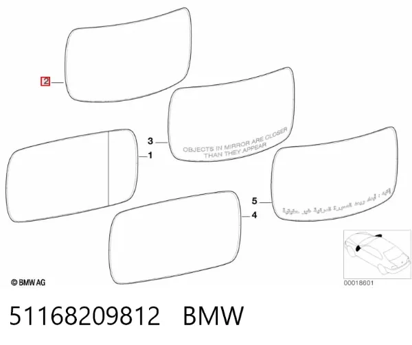 Elemento espelhado do espelho de retrovisão direito 51168209812 BMW