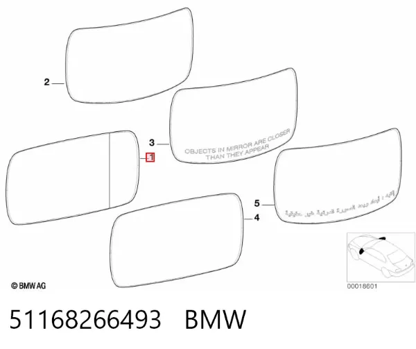 Elemento espelhado do espelho de retrovisão esquerdo 51168266493 BMW