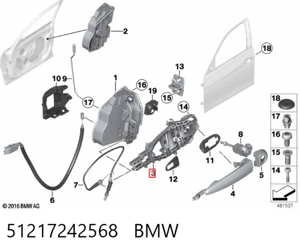 Suporte de maçaneta externa da porta dianteira direita 51217242568 BMW