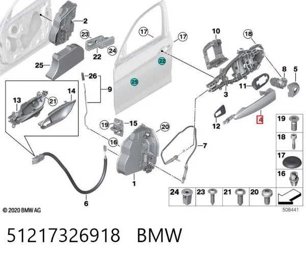 Maçaneta externa direita da porta traseira 51217326918 BMW