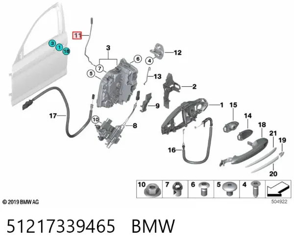 Cabo (pedal) de abertura do fecho da porta dianteira esquerda 51217339465 BMW