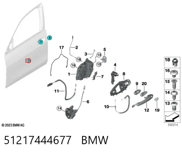 Cabo (pedal) de abertura do fecho da porta dianteira esquerda 51217444677 BMW