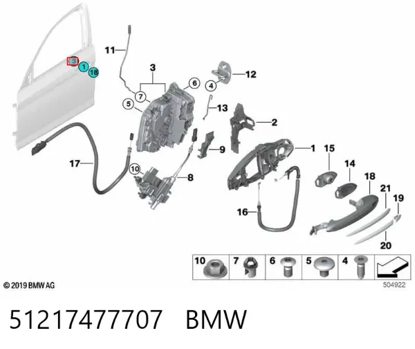 Fecho da porta dianteira esquerda 51217477707 BMW
