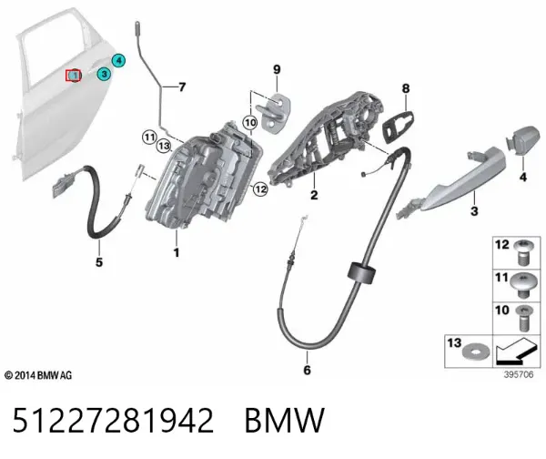 Fecho da porta traseira direita 51227281942 BMW