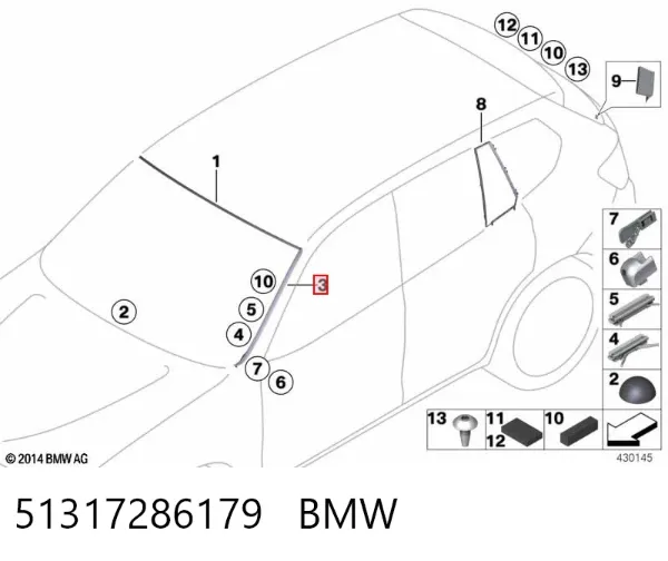 Moldura esquerda de pára-brisas 51317286179 BMW